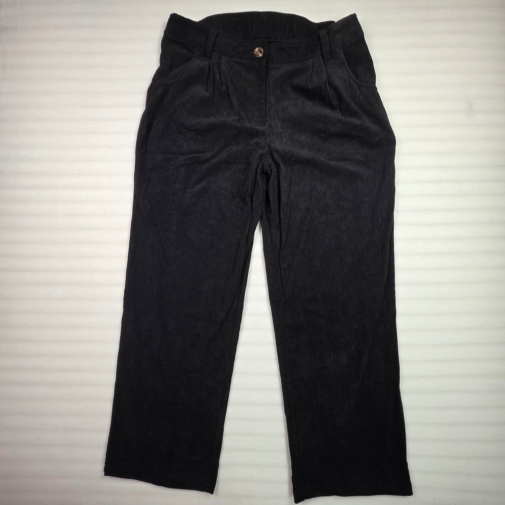 Halara Black Corduroy Straight Leg Pants High Waisted Pleated XL Regular